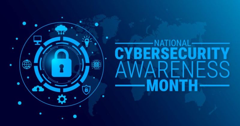 Dark blue background with light blue writing that says Cybersecurity Awareness Month.